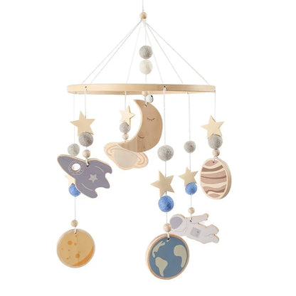 mobile bébé spatial fond blanc planètes lune astronaute fusée