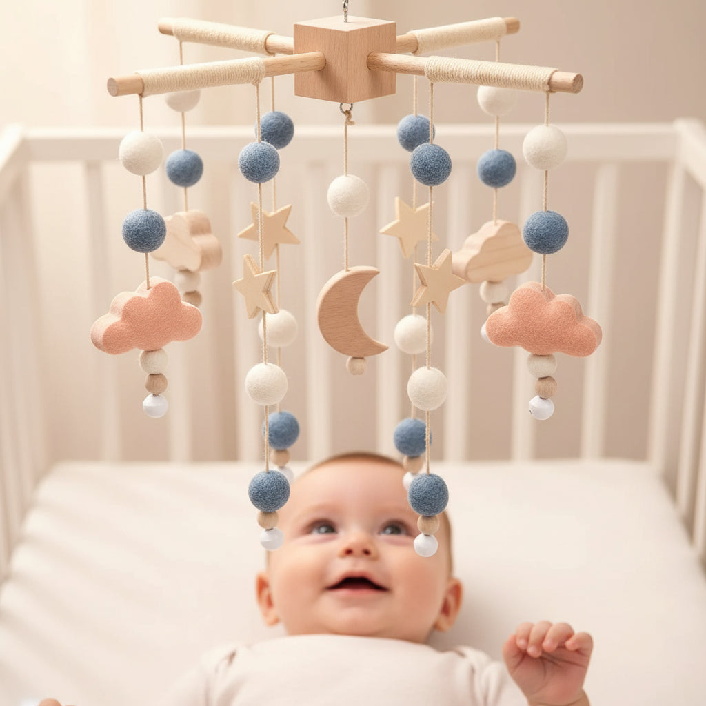 mobile bébé spatial gros plan planètes lune astronaute fusée