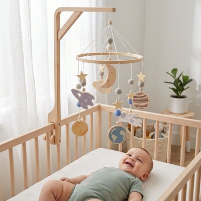 mobile bébé spatial planètes lune astronaute fusée berceau chambre enfant souriant