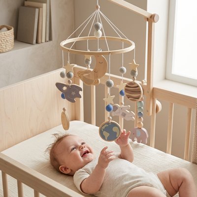 mobile bébé spatial planètes lune astronaute fusée berceau fenêtre enfant souriant
