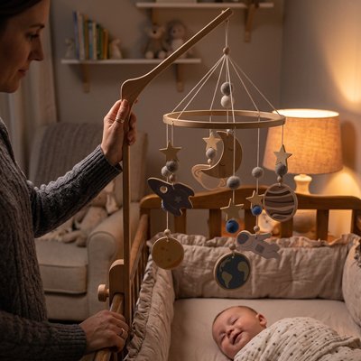 mobile bébé spatial planètes lune astronaute fusée soirée chambre
