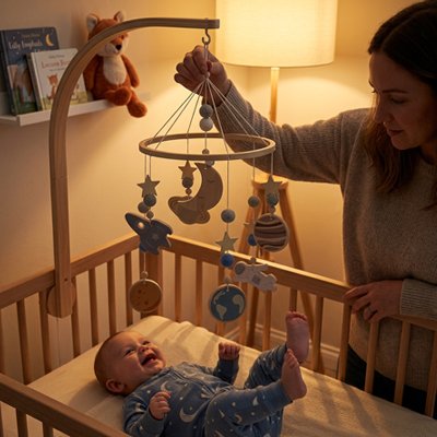 mobile bébé spatial planètes lune astronaute fusée soirée lumière tamisée