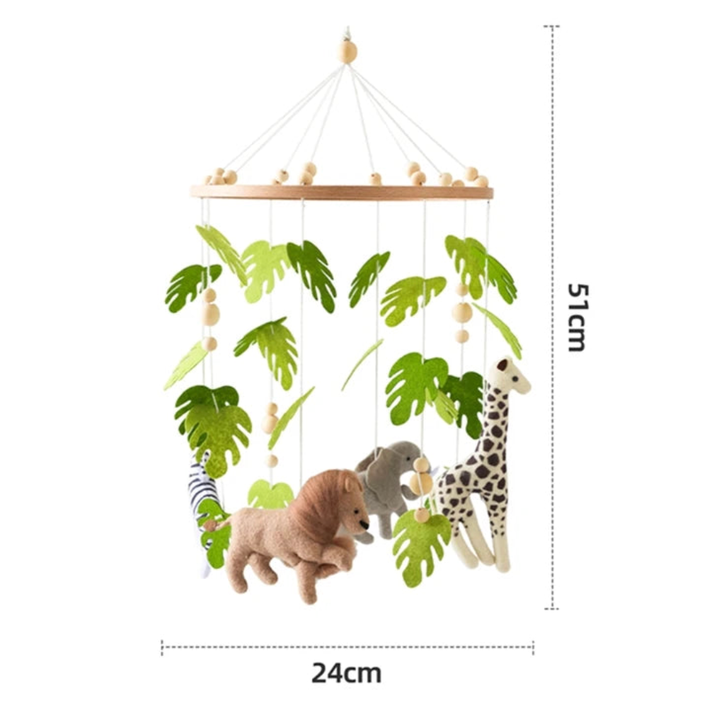 mobile musical bébé jungle dimensions feutre feuilles cerceau bois corde