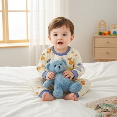 pyjama bébé dinosaures jaune bleu fond blanc crème