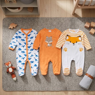 pyjama bébé lot trois blanc dinosaures orange renard blanc renard pattes