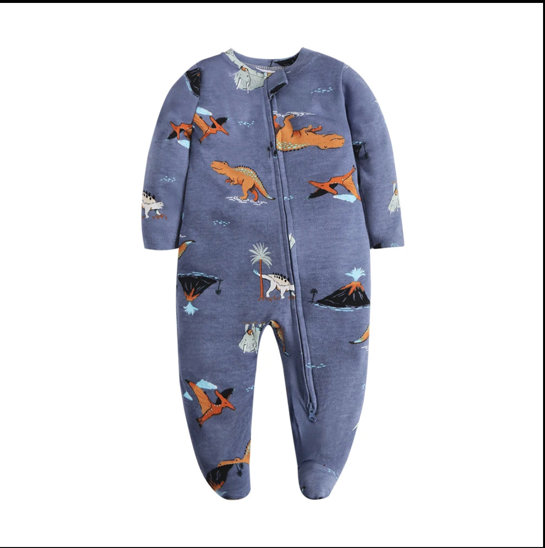 pyjama bébé motifs dinosaures fond bleu foncé gros plan