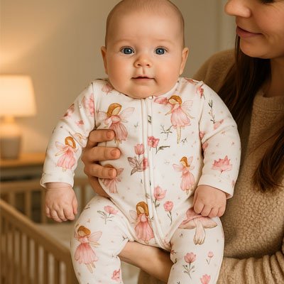 pyjama bébé motifs fée et fleurs rose fond blanc