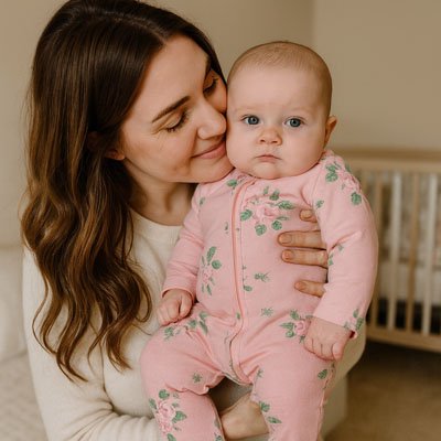 pyjama bébé motifs roses avec feuilles fond rose