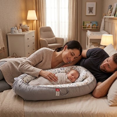 réducteur de lit pour bébé gris beige animaux forêt chambre parents souriants