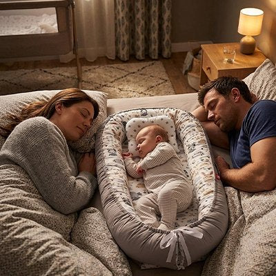 réducteur de lit pour bébé gris beige animaux forêt parents endormis