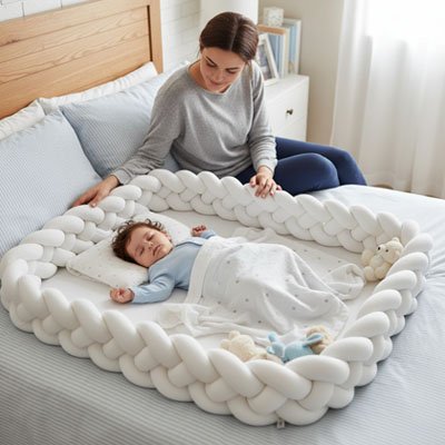 tresse de lit blanche enfant endormi lit blanc pyjama bleu maman