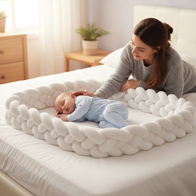 tresse de lit blanche enfant endormi lit blanc pyjama bleu pâle maman