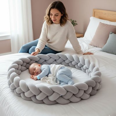 tresse de lit grise en rond enfant endormi lit blanc pyjama bleu pâle maman