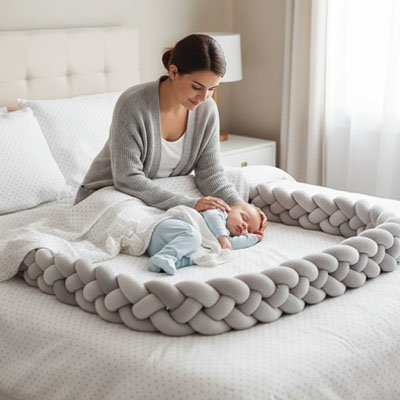 tresse de lit grise enfant endormi lit blanc maman sécurisant