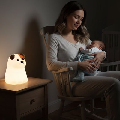 veilleuse bébé chien lumière douce maman chaise berçante enfant bras