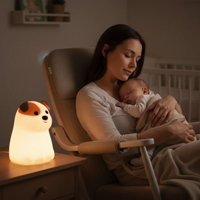 veilleuse bébé chien lumière douce maman enfant bras endormi chambre berceau