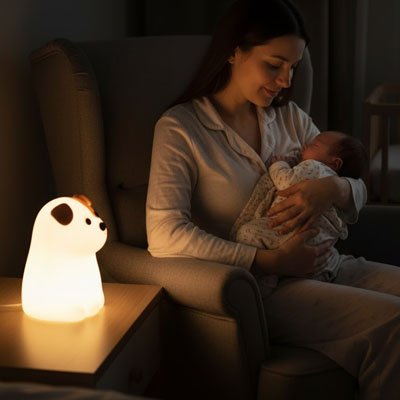 veilleuse bébé chien lumière douce maman enfant bras endormi fauteuil