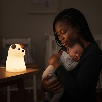 veilleuse bébé chien lumière douce maman enfant bras endormi
