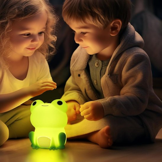 veilleuse bébé grenouille sur sol deux enfants regardant lumière