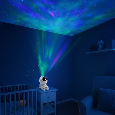 veilleuse bébé projection astronaute sur table chevet berceau enfant endormi fauteuil