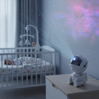 veilleuse bébé projection astronaute sur table chevet berceau mobile rideaux gris