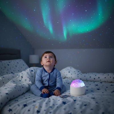 veilleuse bébé projection aurores boréales bleues vertes lit douillette étoiles