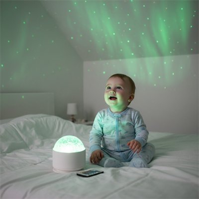 veilleuse bébé projection ciel aurores boréales bleu vert lit enfant souriant