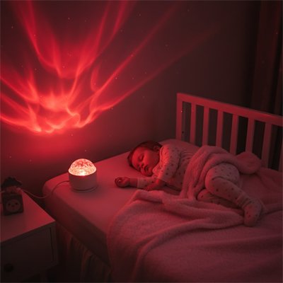 veilleuse bébé projection ciel aurores boréales rouges lit enfant couverture endormi