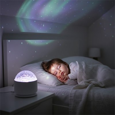 veilleuse bébé projection ciel voie lactée bleu vert mauve lit enfant endormi